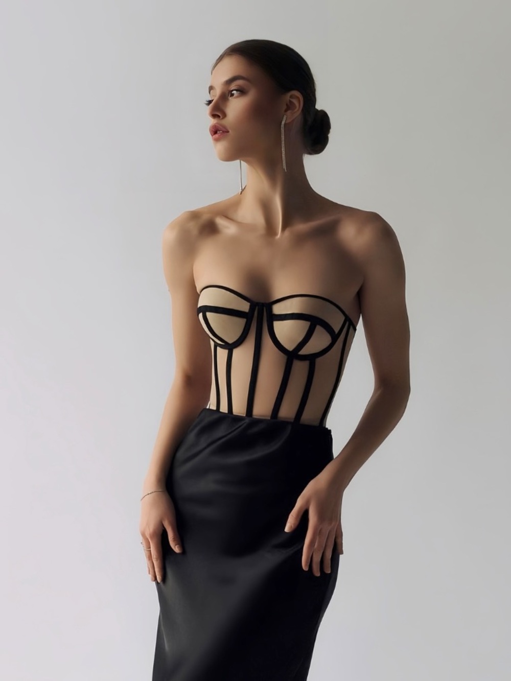 Sheer Nude and Black Strapless Corset Bandeau
